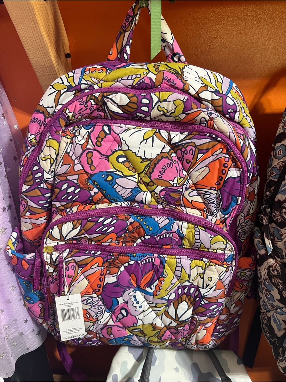 Vera Bradley Purple Pink Orange Multi-Color Quilted Butterfly Backpack